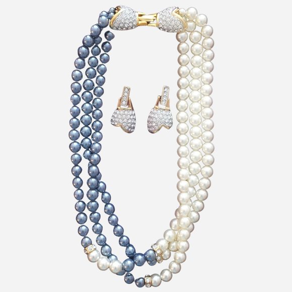 1928 Jewelry Triple Strand Grey & Pearl Necklace - Picture 1 of 7